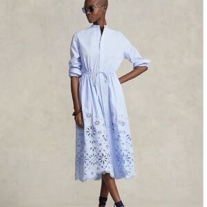 NWT Polo Ralph Lauren Light Blue Eyelet Midi Shirt Dress (00 XS)